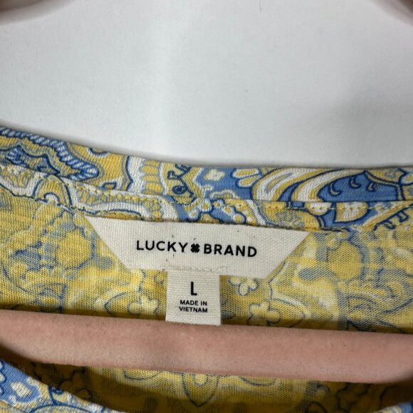 2/$30 Lucky Brand Twist Front Medallion Print Tee Cap Sleeve Mustard Large #BAG2 - Picture 8 of 11